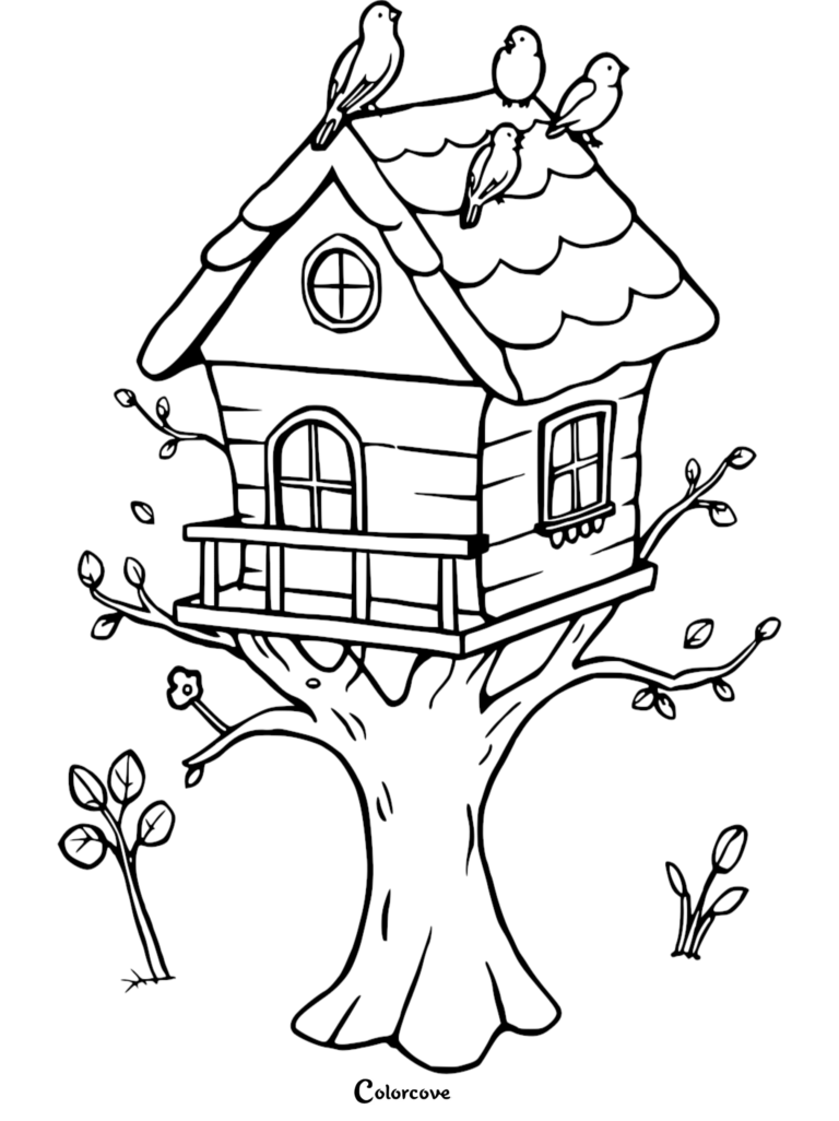 A cozy treehouse coloring page featuring a wooden cabin with a balcony, a scalloped roof, and four small birds perched on top.