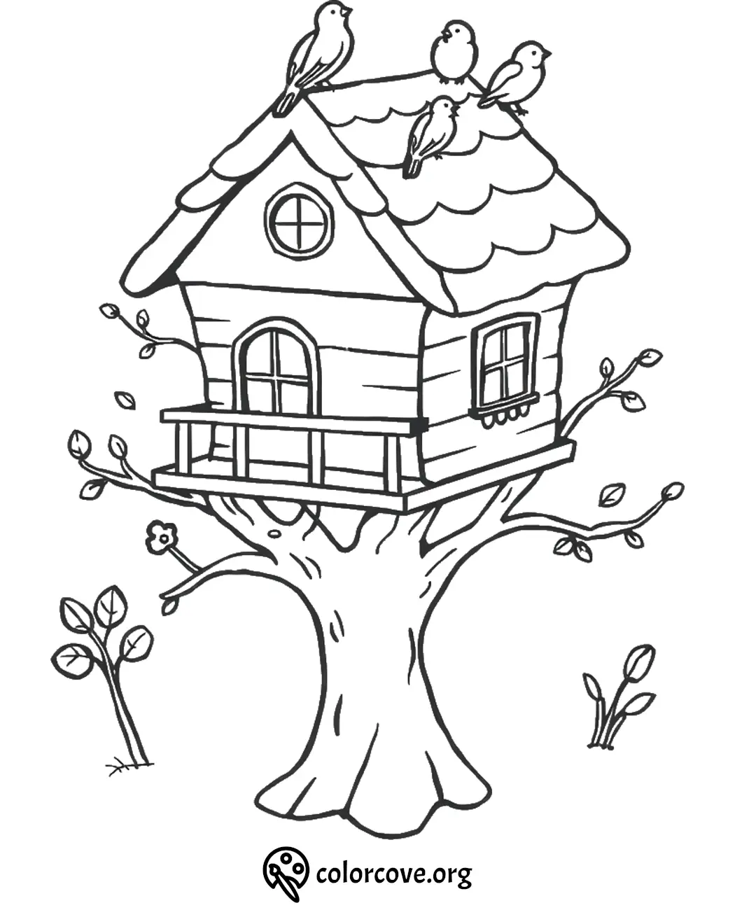 Treehouse with birds coloring page, featuring a cute house on a tree, perfect for kids to color and enjoy.