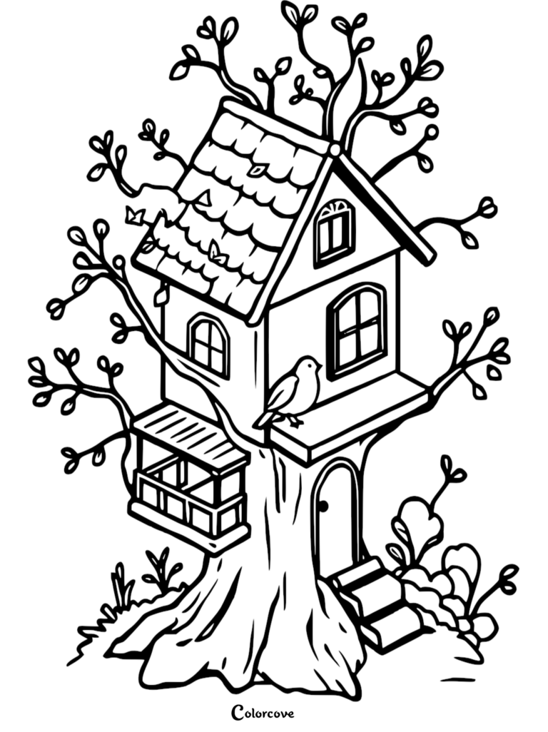 A whimsical treehouse coloring page featuring a two-story wooden structure with a shingled roof, a small balcony, and a bird perched on the ledge.