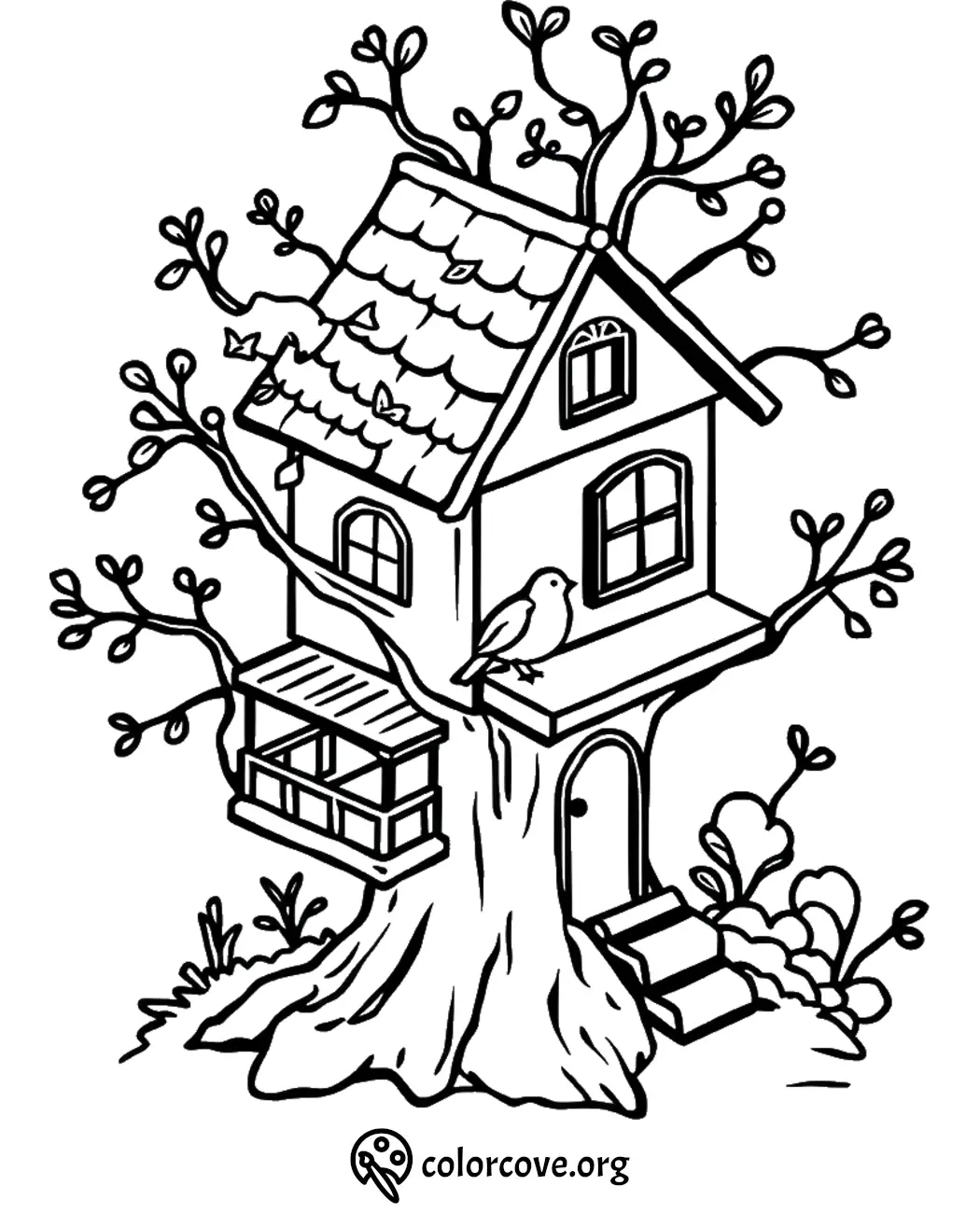 Treehouse coloring page with bird and branches, ideal for kids' creativity and relaxation.