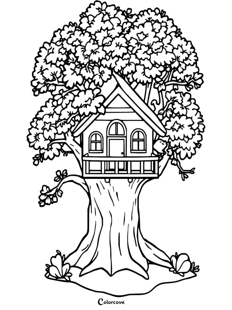 A detailed coloring page featuring a small wooden house nestled in a large leafy tree with a tiny bird perched on the balcony railing.