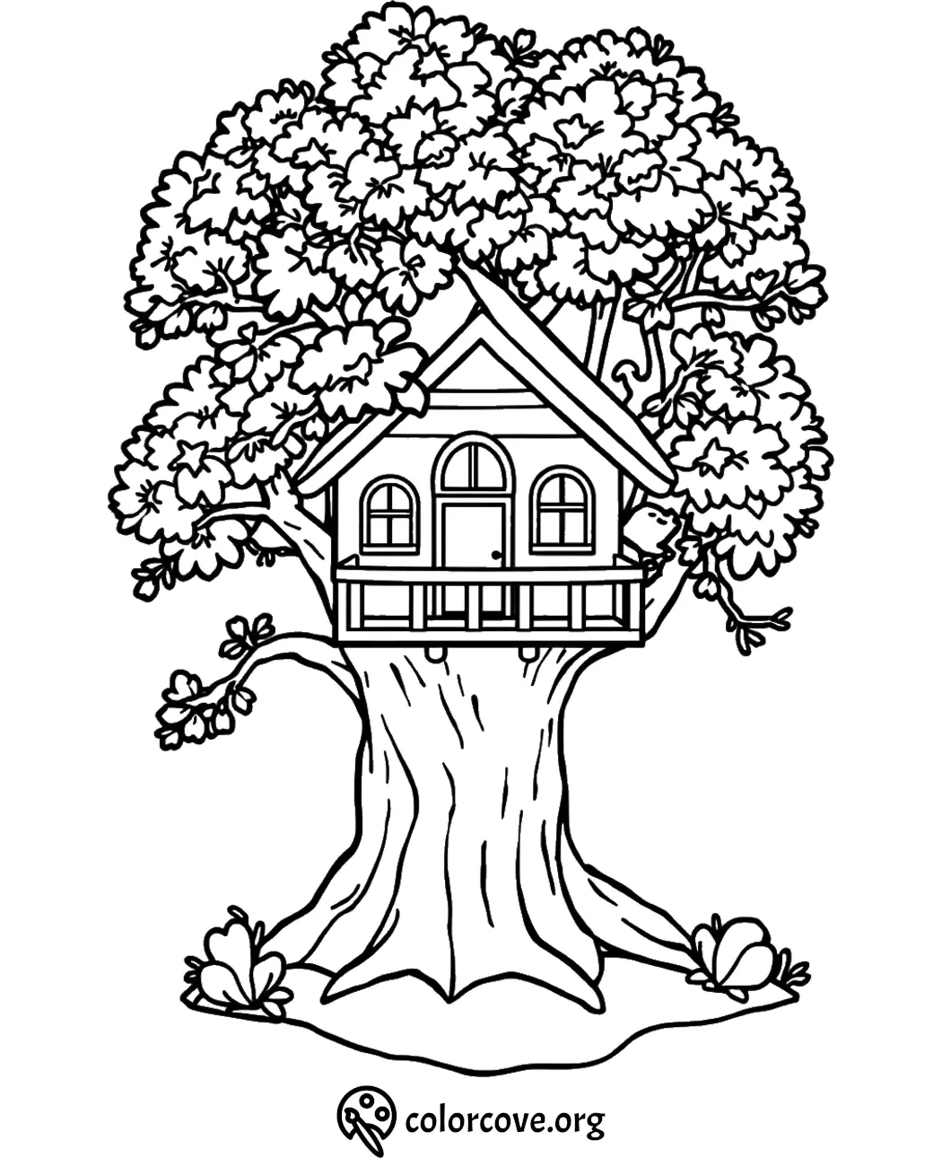 Treehouse coloring page with large tree and cozy house nestled in branches. Ideal for children's creative coloring.