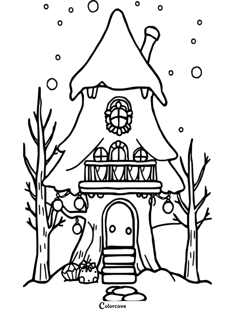 A whimsical winter treehouse coloring page featuring a snow-covered roof, hanging ornaments, and wrapped gifts under bare trees.