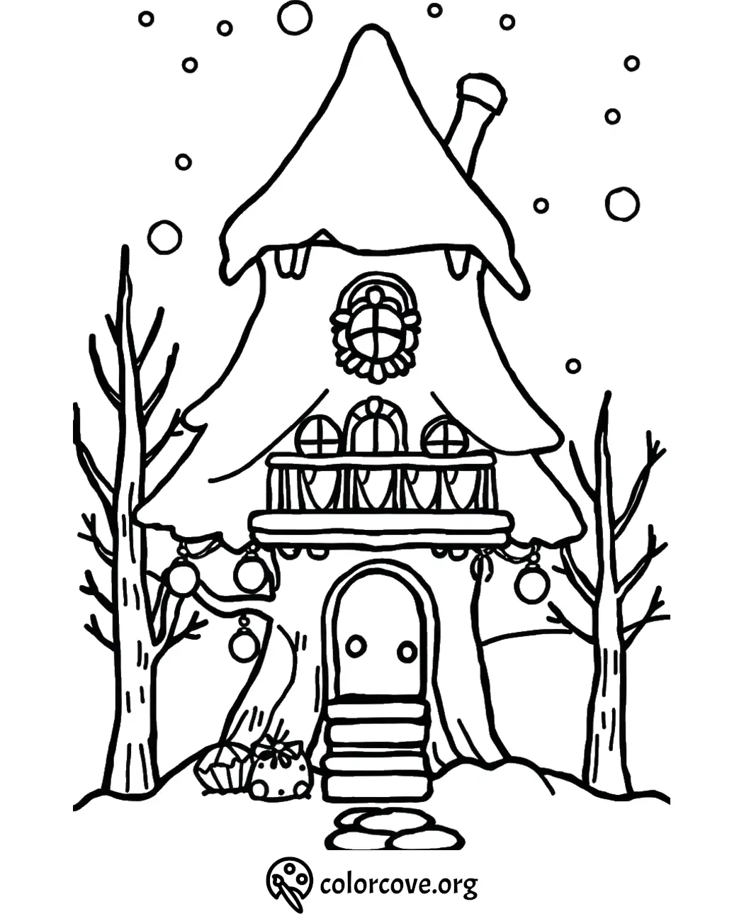 Whimsical winter cottage coloring page with festive lights and snowflakes. Perfect for creative holiday activities.