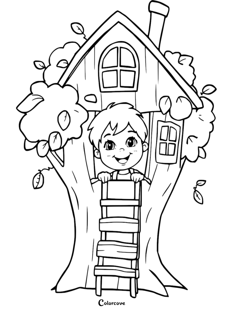 A happy young boy peeking out from a wooden treehouse window with a ladder below, detailed line art coloring page.