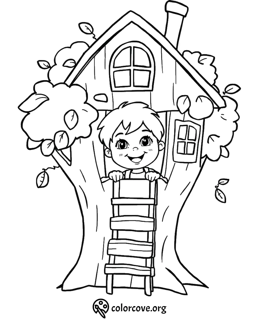 Smiling child in a treehouse coloring page with ladder, whimsical leaves, and a cozy window.