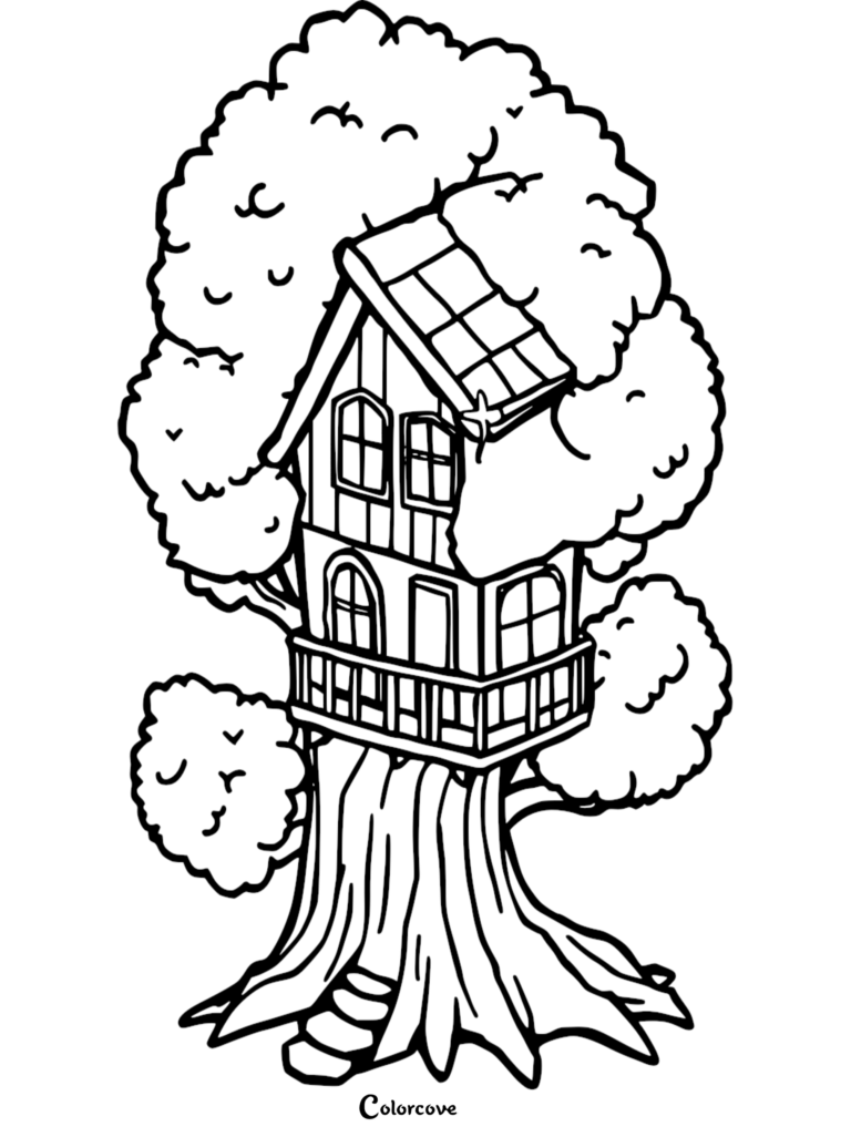 A detailed coloring page featuring a two-story wooden treehouse nestled in a large tree with a balcony and shingled roof.