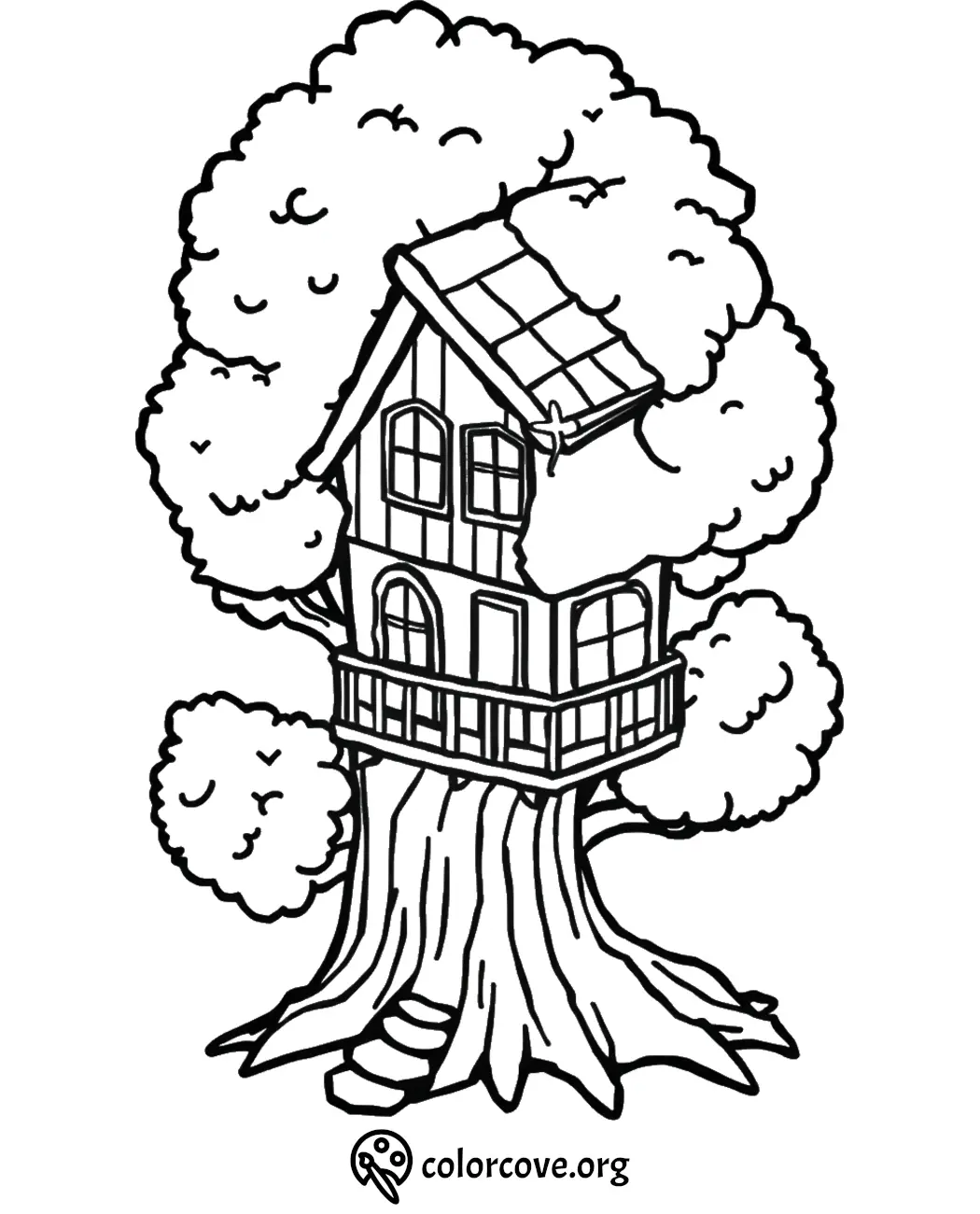 Coloring page of a whimsical treehouse with a large tree trunk and leafy canopy, featuring windows and a porch.