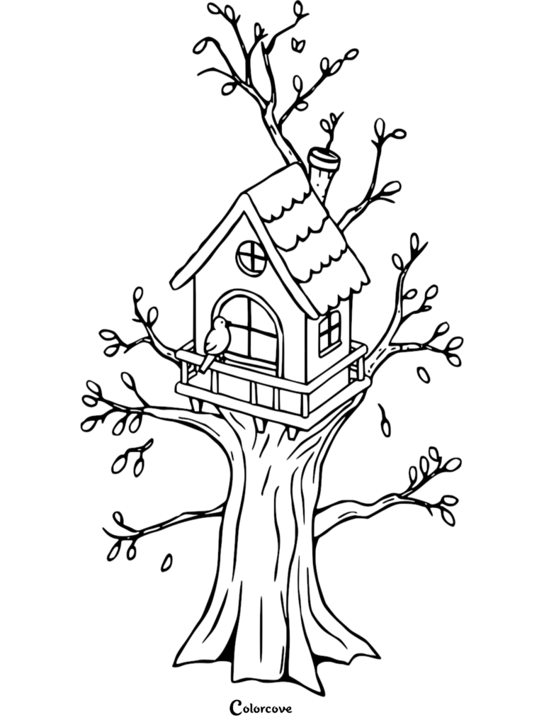 A simple line art coloring page featuring a small wooden treehouse nestled in a tree with a bird perched on the balcony railing.