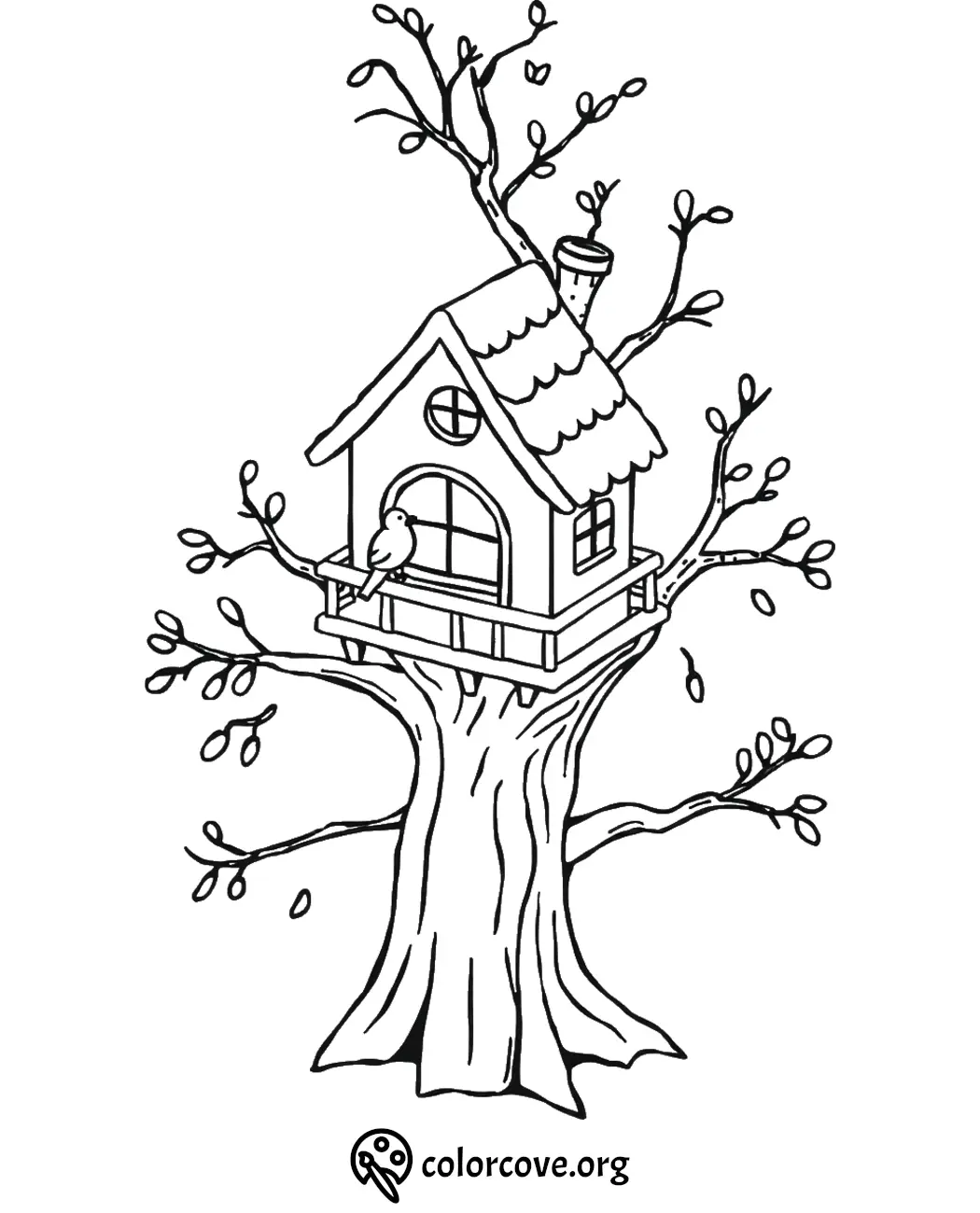 Treehouse coloring page featuring a cozy house and bird among branches. Perfect for kids' creative fun.