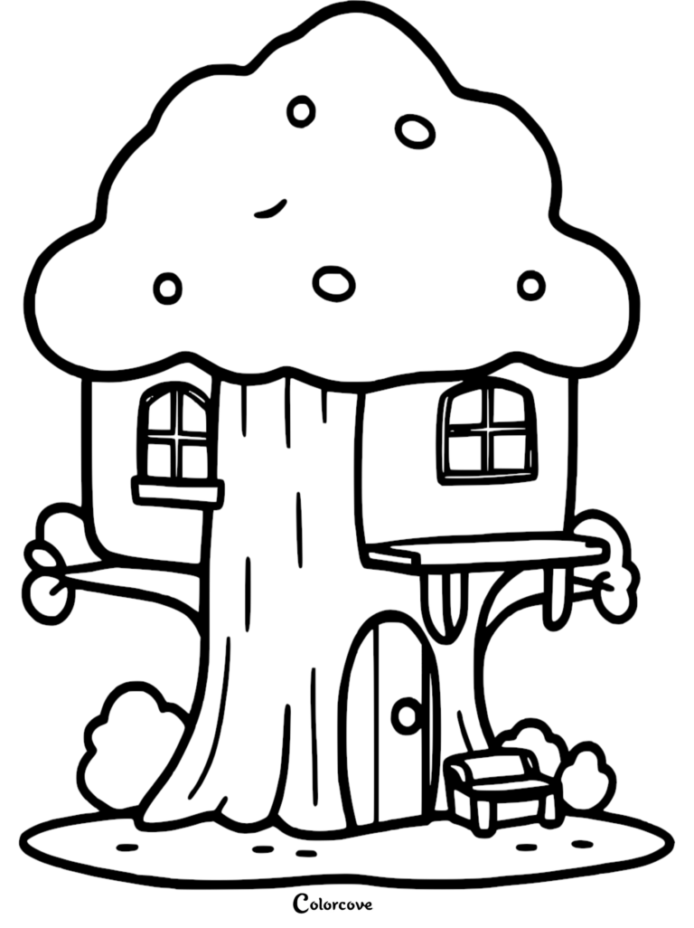 A simple coloring page featuring a whimsical treehouse with two windows, a small door, and a bench at the base.