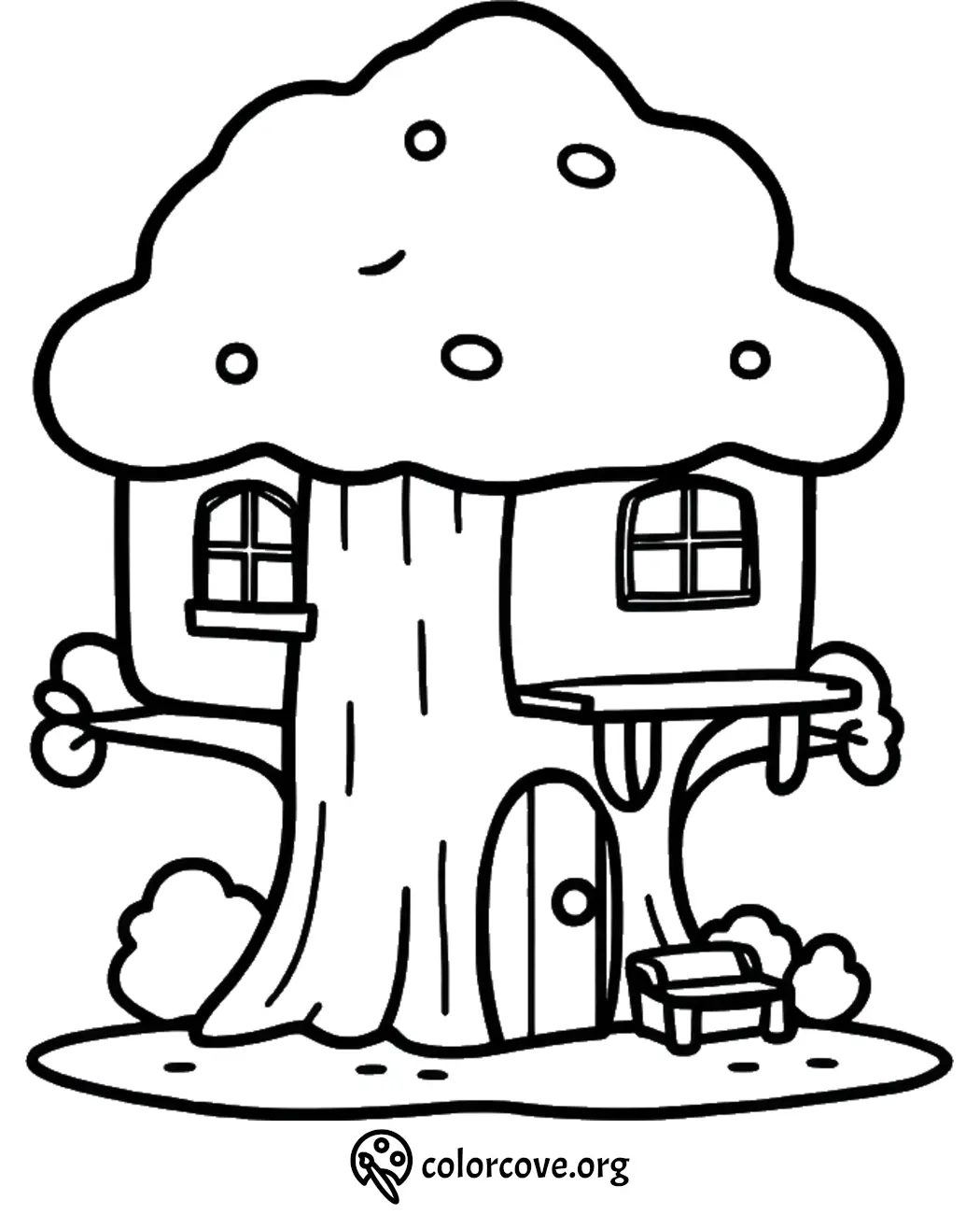 Coloring page of a whimsical treehouse with windows and a small bench, ideal for children's creative activities.