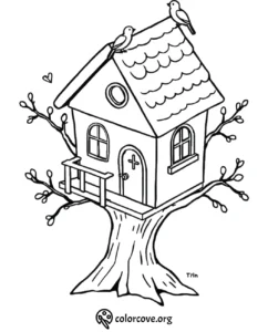 Coloring page of a whimsical treehouse with two birds perched on the roof. (Source: colorcove.org)