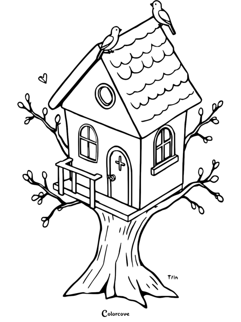 A simple line art coloring page of a cozy treehouse with a scalloped roof, a small balcony, and two birds perched on top.