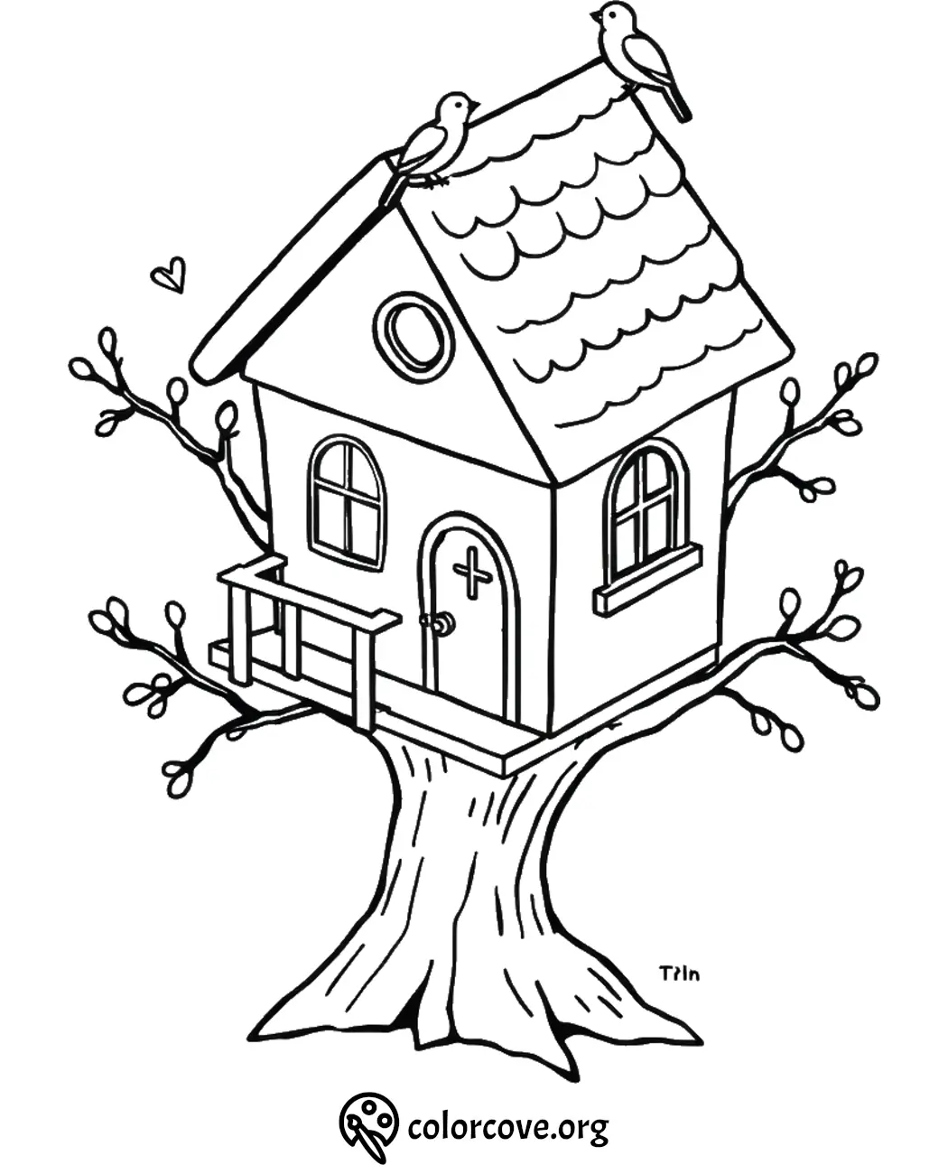 Coloring page of a whimsical treehouse with two birds perched on the roof. (Source: colorcove.org)