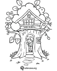 Child in a treehouse coloring page, perfect for kids' creative fun. Printable design from colorcove.org.