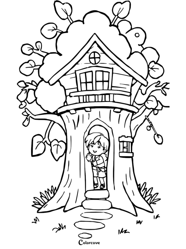 A young boy waving from the doorway of a whimsical treehouse with a balcony, windows, and a hanging lantern, presented as a printable coloring page.