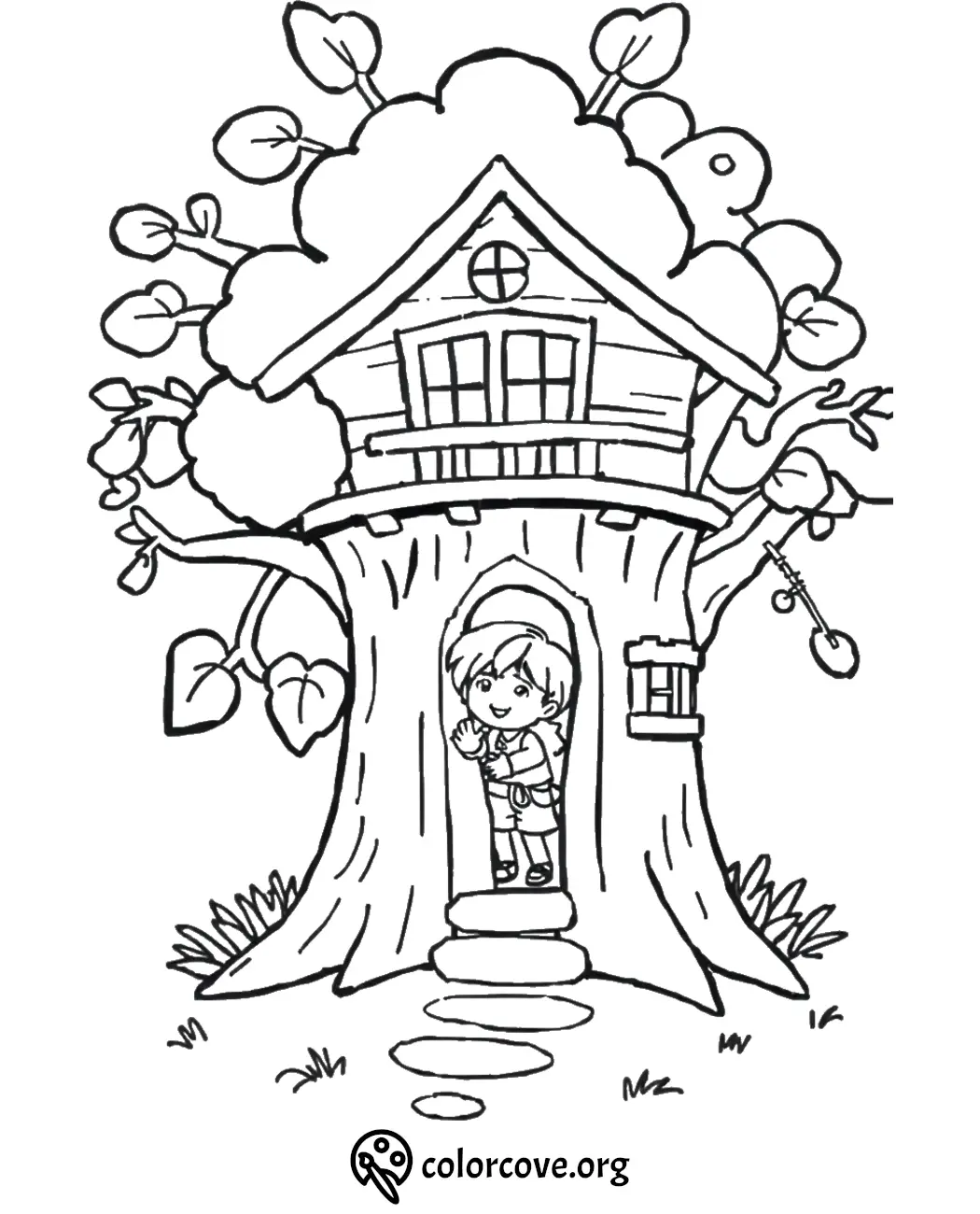 Child in a treehouse coloring page, perfect for kids' creative fun. Printable design from colorcove.org.