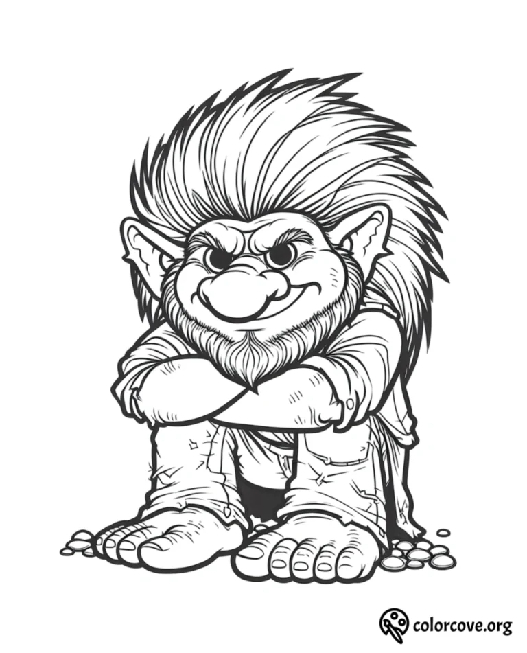 A cute troll with spiky hair and a beard sitting with arms crossed in this free printable coloring page.