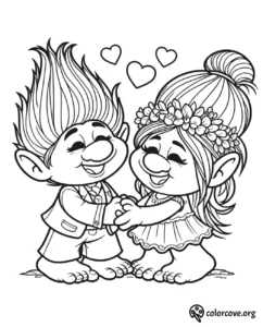 a black and white drawing of two trolls holding hands