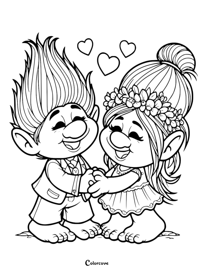 Branch and Poppy holding hands with hearts above them in this printable Troll coloring page.