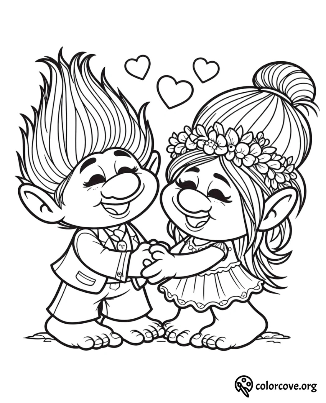 a black and white drawing of two trolls holding hands