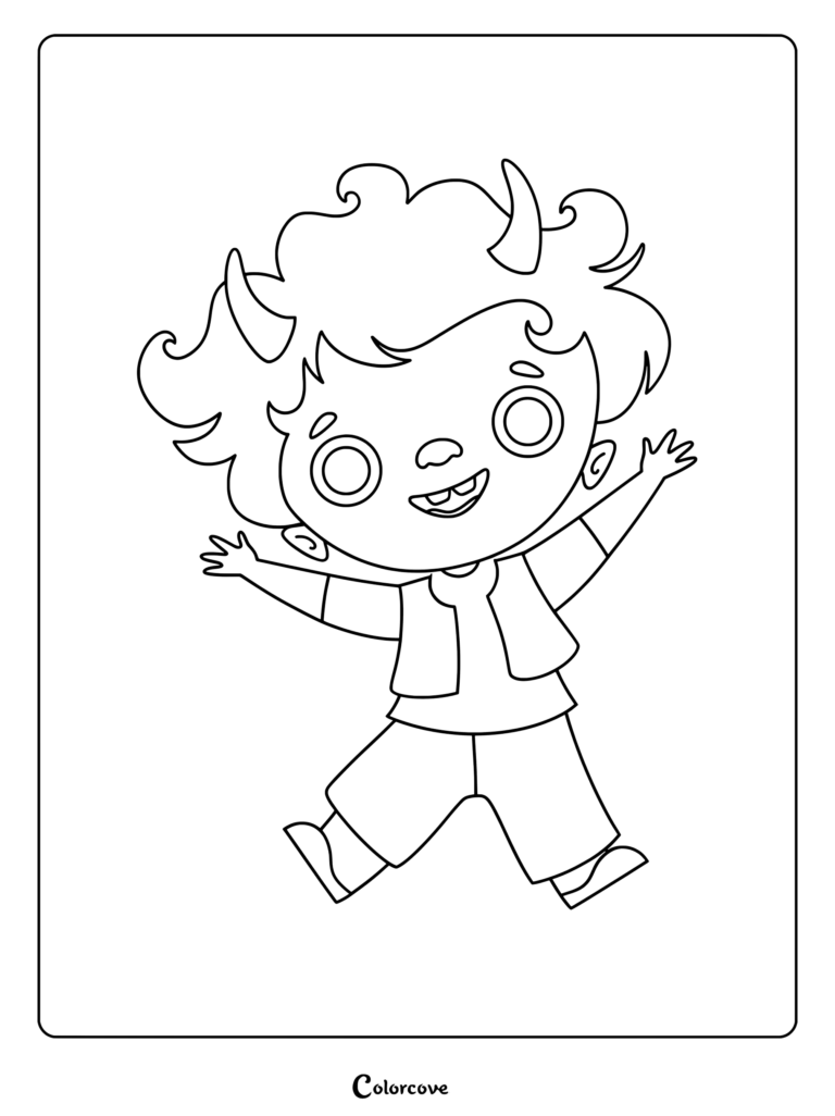 A cute troll with messy hair and small horns waving happily in this free printable coloring page.