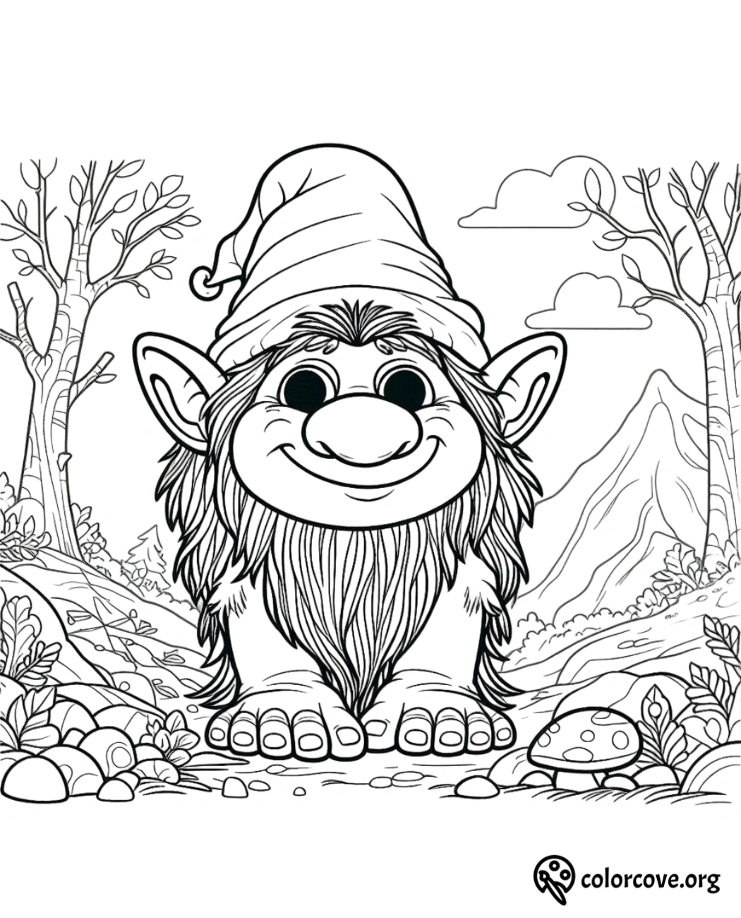 a cartoon troll with a hat and trees