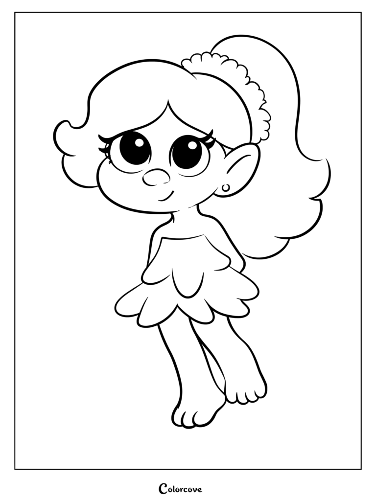 A cute troll with a high ponytail and petal dress in this printable coloring page.