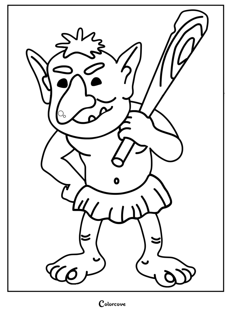 A cute troll holding a large wooden club in this free printable coloring page.