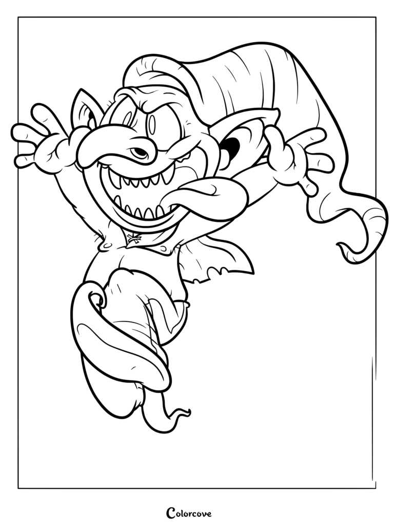 A mischievous troll wearing a pointed hat jumping with arms outstretched on a printable coloring page.