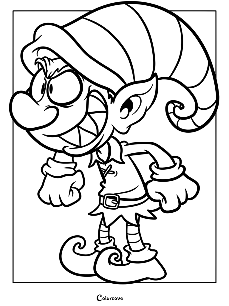 A mischievous cute troll wearing a long pointed hat and striped stockings in this printable coloring page.