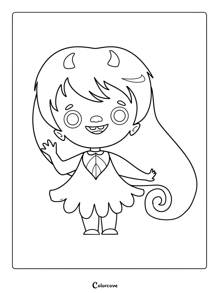 A cute troll girl with horns and long hair wearing a leaf-collared dress in this free printable coloring page.