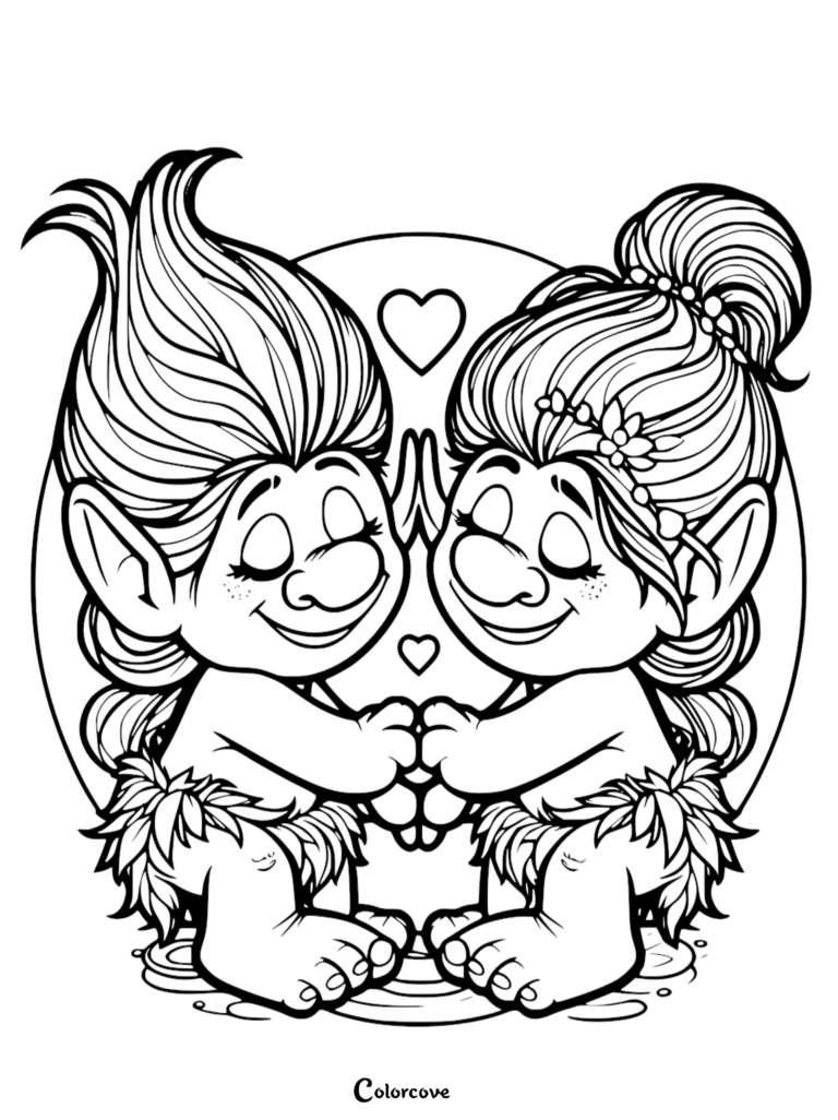 Two cute trolls holding hands and smiling in a heart-shaped frame, printable coloring page.