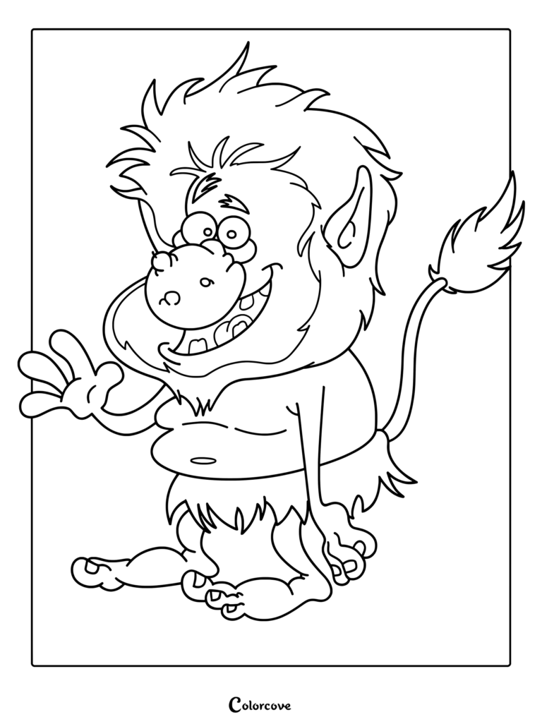 A friendly cartoon troll with wild hair and a tufted tail waving hello in this printable coloring page.