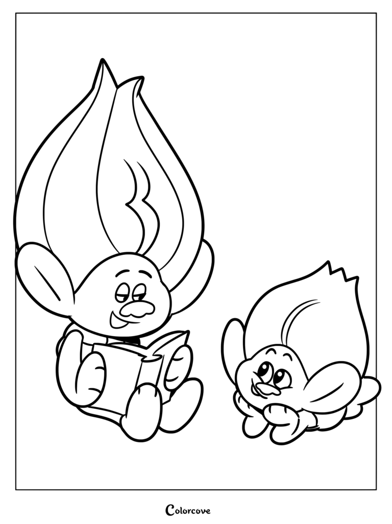 A cute Troll reading a book to a smaller Troll in this free printable coloring page.