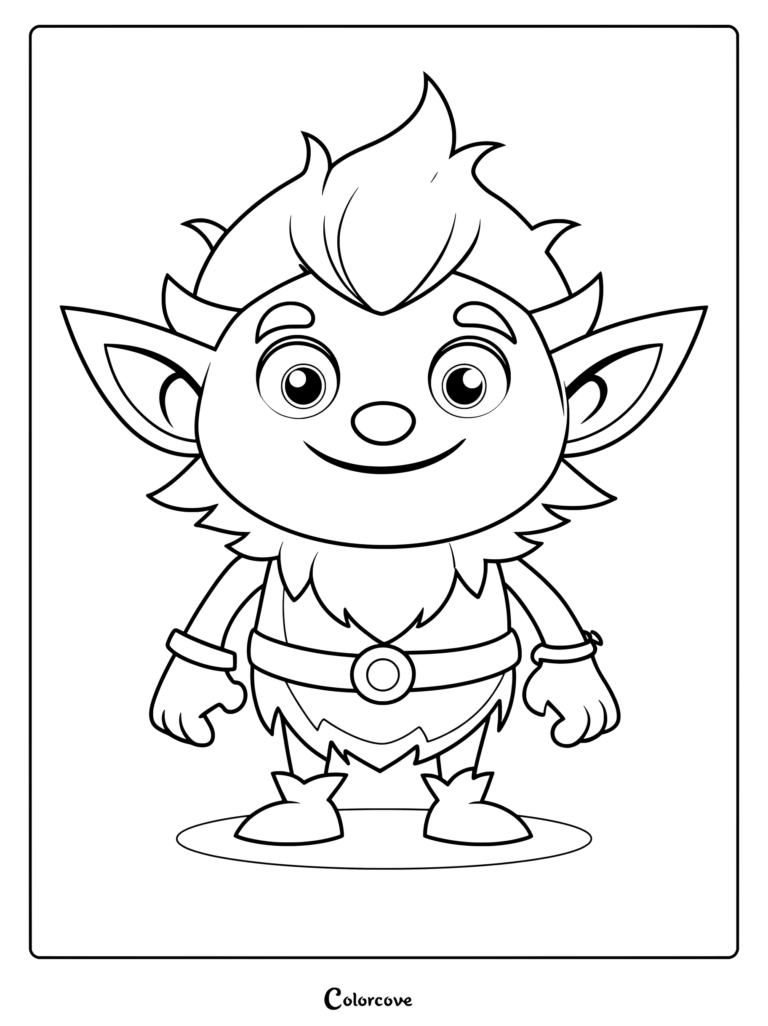 A cute troll with spiky hair and large ears standing in a simple pose on this free printable coloring page.