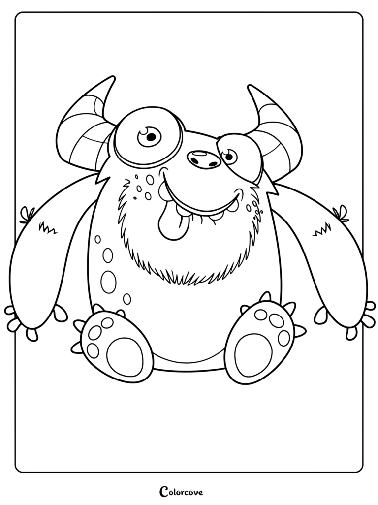 A cute troll with horns, one large eye, and a tongue sticking out in this printable coloring page.