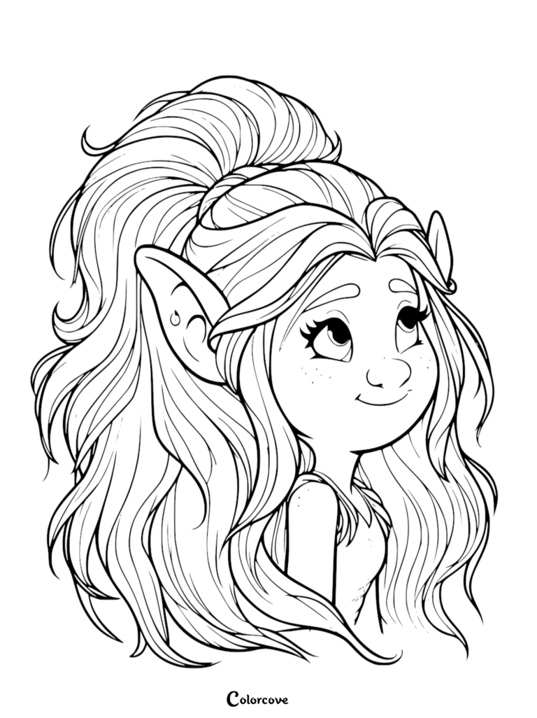 A printable coloring page featuring a close-up portrait of a cute troll with long flowing hair tied in a high ponytail.