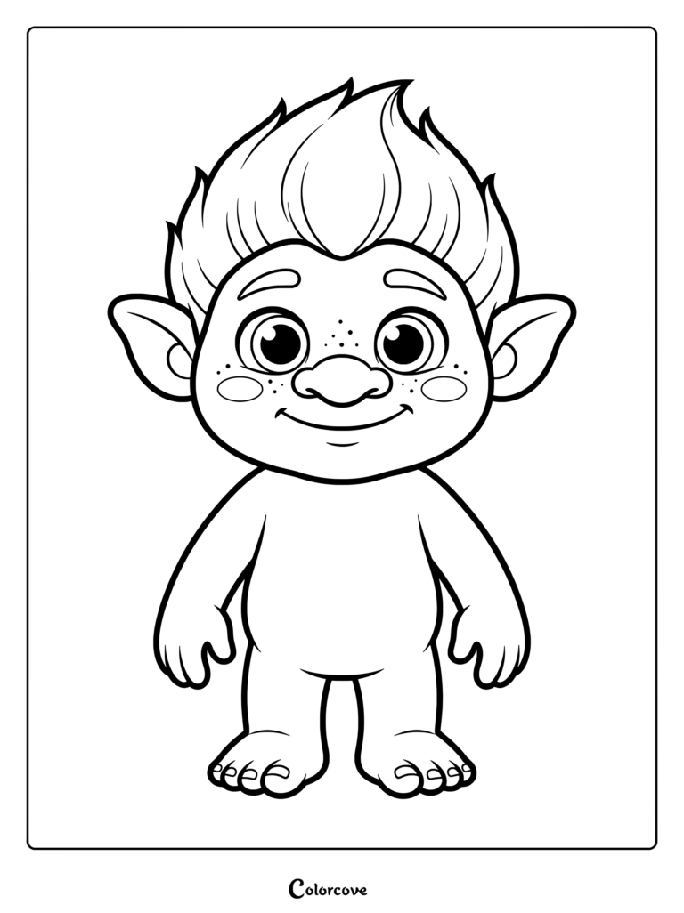 A cute troll with spiky hair and freckles standing in a simple pose, printable coloring page.