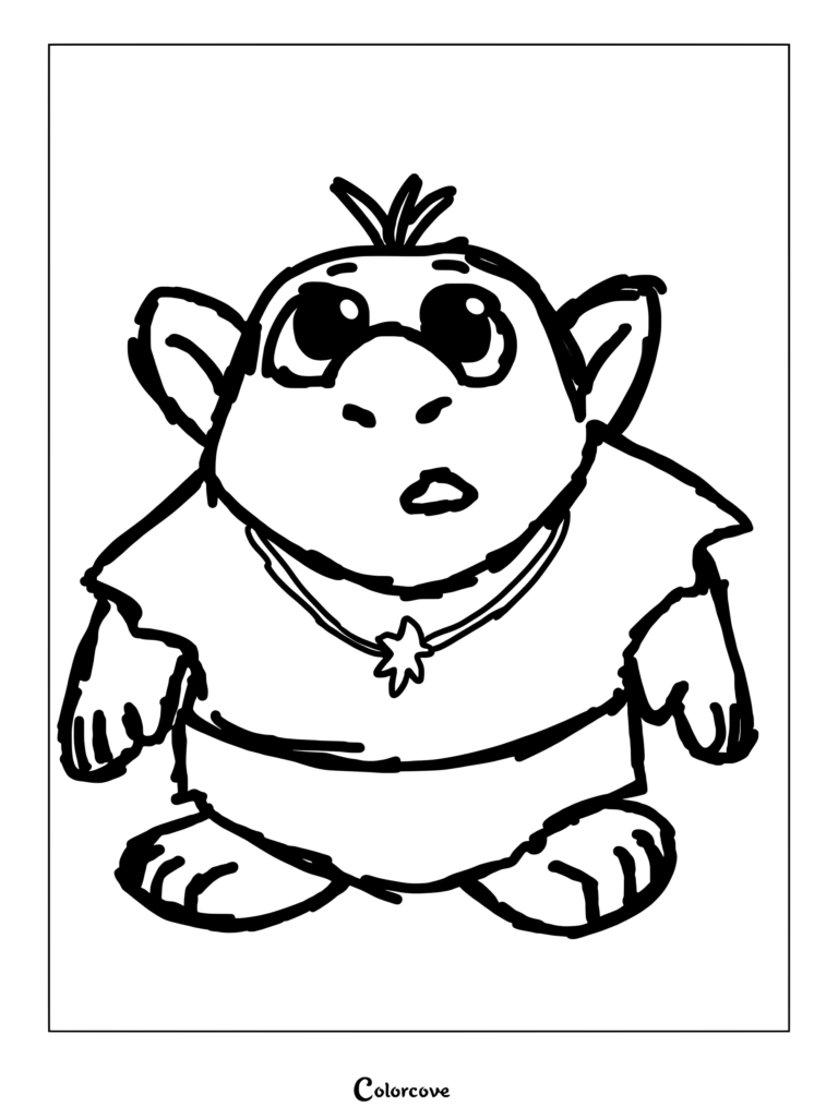 A cute troll wearing a star pendant necklace in this printable coloring page.