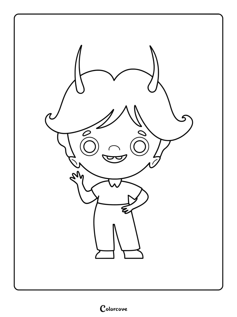 A cute troll with horns and a friendly wave in this printable coloring page.