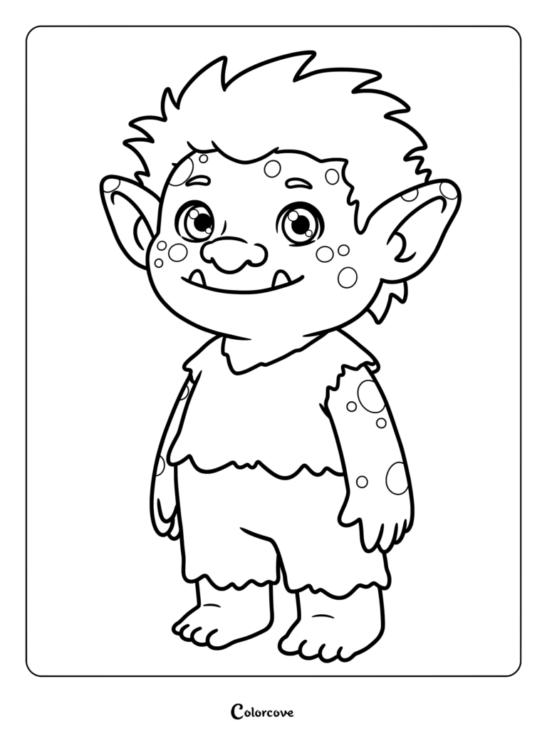 A cute troll with polka-dot skin and spiky hair in a printable coloring page format.