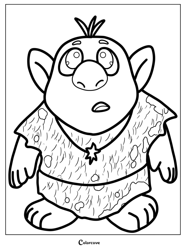 A cute troll wearing a star necklace in this printable coloring page.