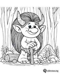 a cartoon troll with horns and a log in the woods