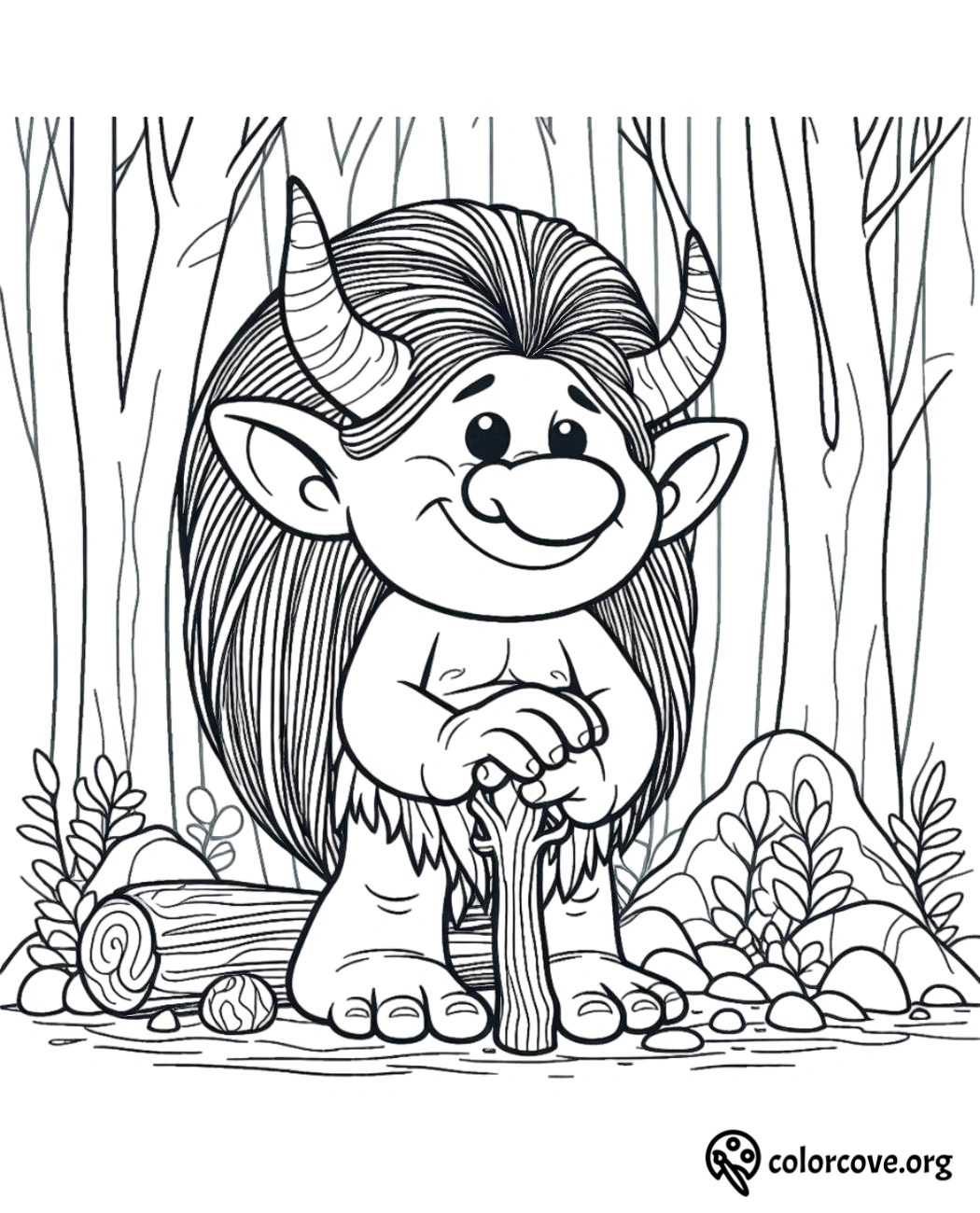 a cartoon troll with horns and a log in the woods