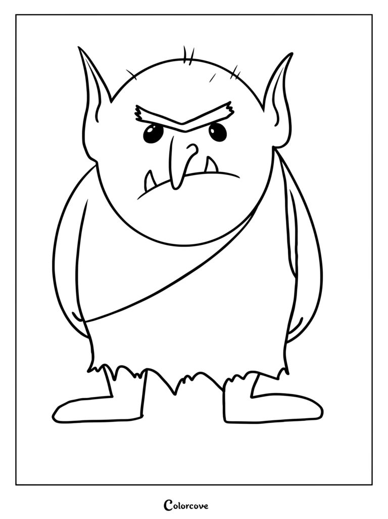 A grumpy troll with pointed ears and a tattered tunic in this free printable coloring page.