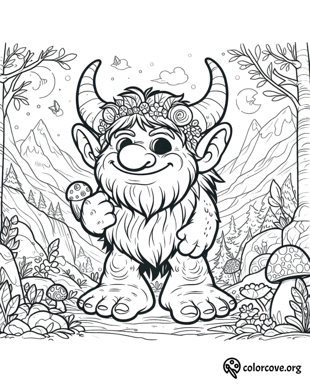 a cartoon of a troll with horns and flowers