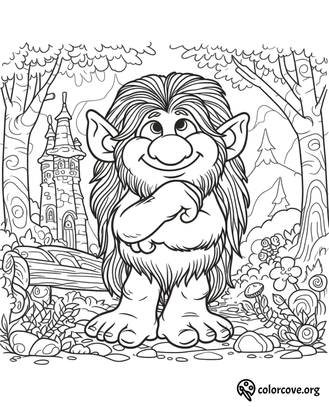 a cartoon troll with a castle in the background