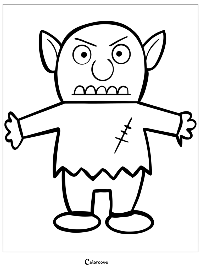 A cute troll coloring page featuring a character with pointed ears, a jagged shirt with a stitch mark, and a grumpy expression.